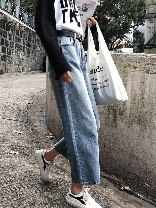 Mùa thu size lớn chất béo mm quần jeans nữ sinh viên bf hoang dã phiên bản Hàn Quốc cao eo thon thả mỏng chín điểm quần ống rộng thẳng quần jean nữ ống đứng