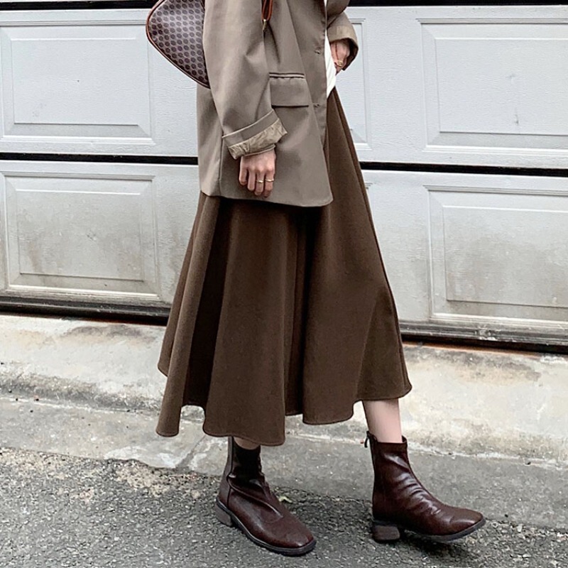 Autumn and Winter Woolen Coffee-Colored Skirt for Women, Plus Size, Slightly Chubby, Brown, Melard Style, Slimming, High-Waisted A-Line Skirt