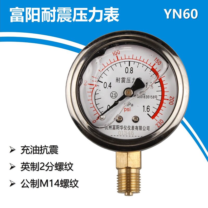 Huayi pressure gauge YN60 Fuyang shock-resistant oil pressure radial shock-resistant hydraulic machine tool water pressure metric M14 inch 2 points