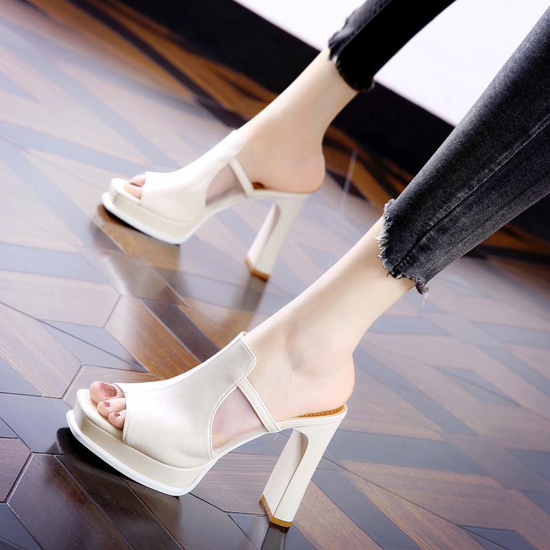 Waterproof Platform Thick-Soled Peep-Toe Sandals for Women 2026 Summer New Style Mesh Chunky Heel Comfortable Roman Retro High-Heeled Mules