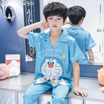 Childrens pajamas boys summer short-sleeved trousers ice silk thin section spring and autumn boys middle and big children silk home clothes set