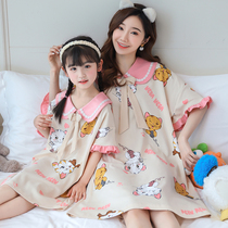 Parent-child nightdress pure cotton mother and daughter pajamas short-sleeved loose thin section baby child middle and big children home service dress summer
