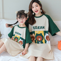 Pure cotton childrens nightdress girls spring and summer short-sleeved thin section girls big children cute super cute mother and daughter parent-child outfit large size
