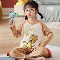Childrens pajamas girls spring and autumn pure cotton long-sleeved thin suit girls middle and big children princess summer baby home clothes
