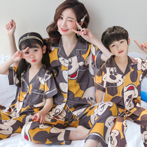 Parent-child pajamas spring and summer ice silk mother and child mother and daughter short-sleeved trousers air-conditioned clothing children cute two-piece home service