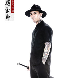 骑豹郎男士亚麻短袖衬衫痞帅修身黑色衬衣中国风男装白寸衫潮衣服