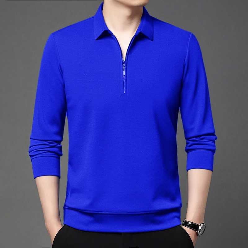 High-End Men's Long-Sleeved T-Shirt, Solid Color Klein Blue, Middle-Aged Dad's Casual Lapel Zipper Comfortable Top High-End Men's Long-Sleeved T-Shirt, Solid Color Klein Blue, Middle-Aged Dad's Casual Lapel Zipper Comfortable Top