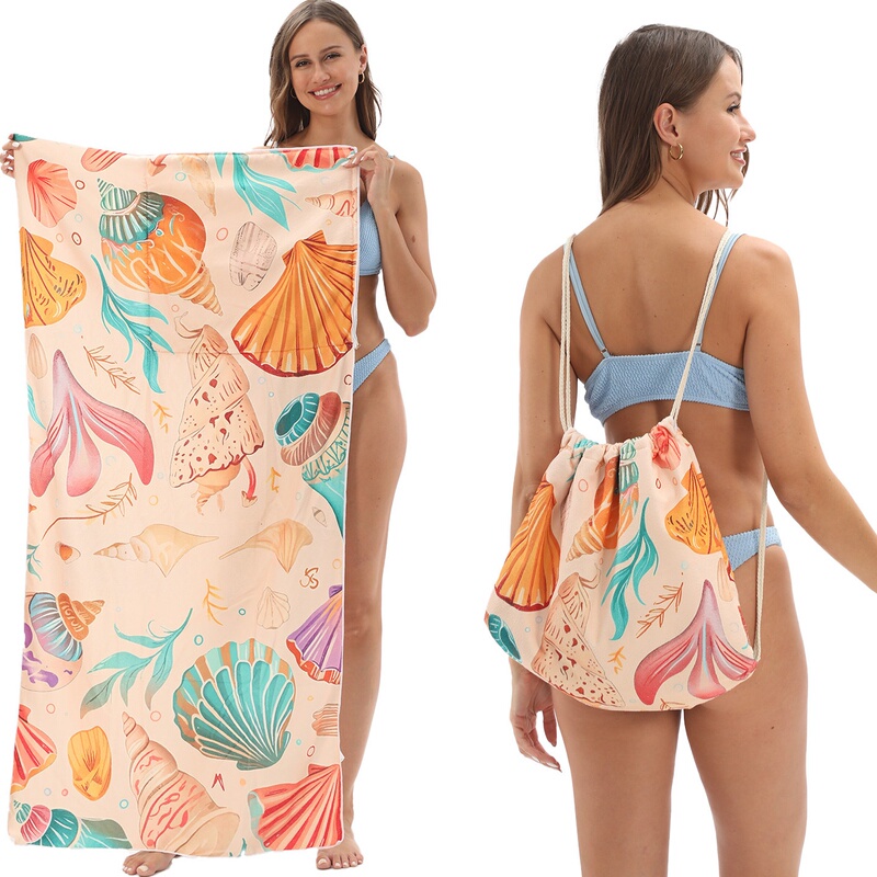 Cross-Border 80X160 Large Size Foldable Beach Towel with Printed Design, All-In-One Bath Towel, Integrated Beach Towel, Portable