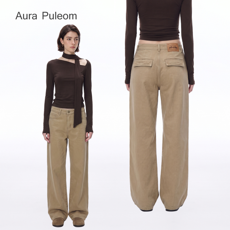Aura Puleom (New Color Series) Lyocell Cotton Retro Mid-Waist Straight Wide-Leg Denim Pants for Women