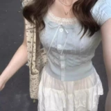 Синий короткий шелковый комплект, сексуальная трикотажная футболка с коротким рукавом, с вышивкой