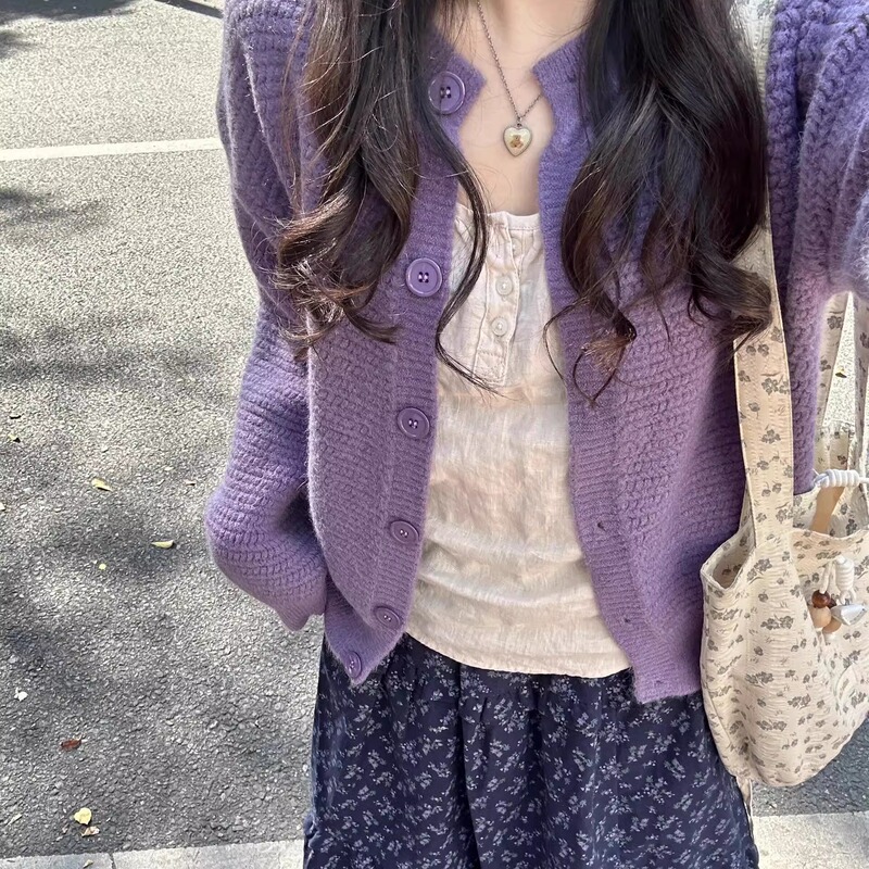 Purple Gentle Style Retro Soft Sweater Cardigan Jacket for Women, Spring and Autumn Loose Fit, Petite Versatile Knit Top