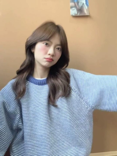 Ретро синий демисезонный трикотажный свитер для отдыха, свободный крой, изысканный стиль, увеличенная толщина