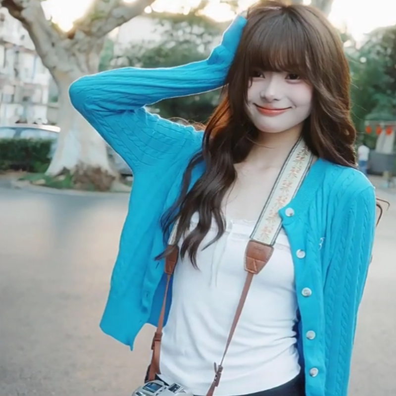 Autumn Outfit Peacock Blue Lazy Style Sweater Round Neck Coat Embroidered Knitwear Slimming Casual Cardigan Women's Top Autumn Outfit Peacock Blue Lazy Style Sweater Round Neck Coat Embroidered Knitwear Slimming Casual Cardigan Women's Top