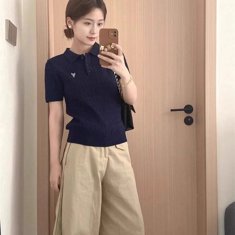 Korean style navy polo knit ice silk short sleeve t-shirt: your