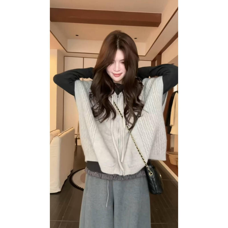 Casual Style Hooded Zip-Up Knit Cardigan for Women, 2026 Autumn New Versatile Slim-Fit Sweater Vest Jacket