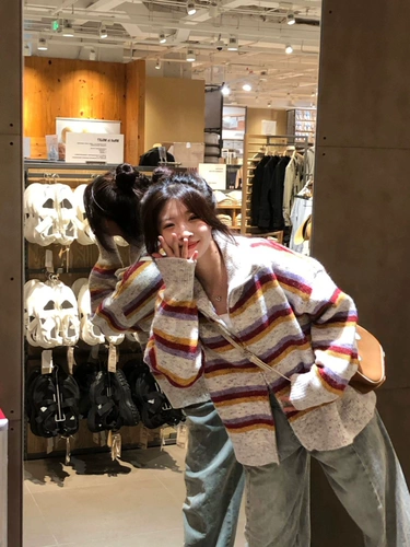 Радужный осенний свитер, кардиган для отдыха, в американском стиле, свободный крой