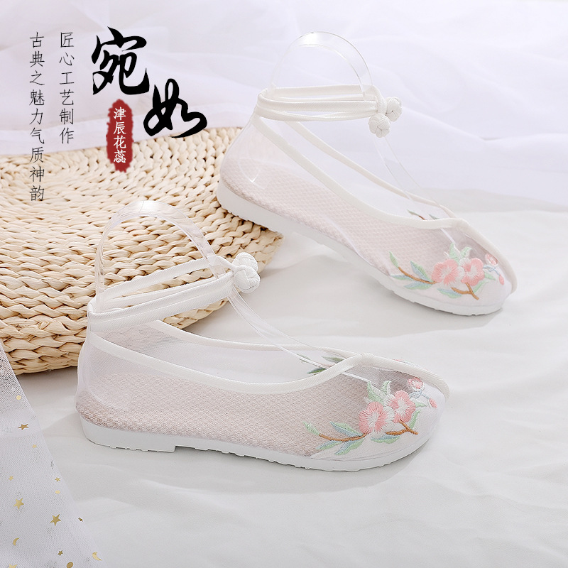 Summer antique Hanfu cloth shoes mesh shoes Hanfu shoes girls embroidered shoes students mesh sandals ancient costume low heels