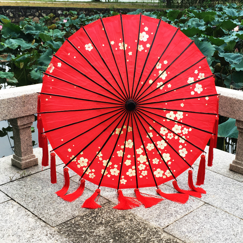 Japan-style red oil paper umbrella retro flow Su floating with dance umbrella with yarn props Classical China Wind Cos Hanfu Flower Umbrella
