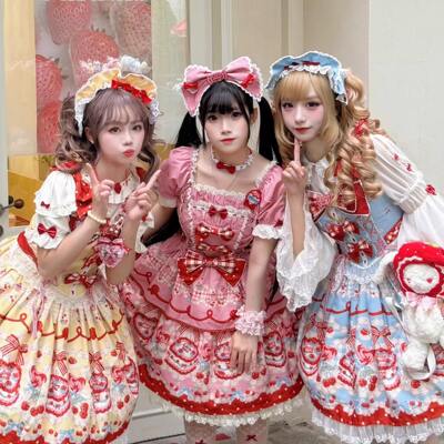 In-stock lolita set "Delicious Cherry" strawberry ribbon original design style Lolita doll dress
