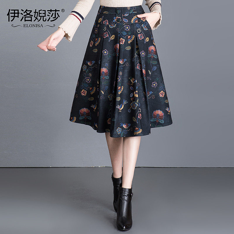 半身裙毛呢碎花A字裙高腰中裙秋冬新款复古韩