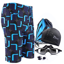 Hot spring swimming trunks mens five-point boxer goggles swimming cap set quick-drying fashion tight-fitting trendy personality plus fat plus size