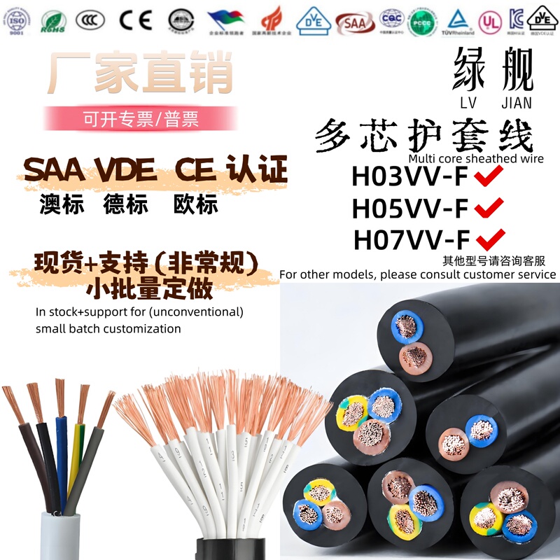 Saa Australian Standard Vde German Standard H05Vv-F Multi-Core Wire H03Vv-F Pure Copper Multi-Core Wire Export Wire Rvv Plug Wire