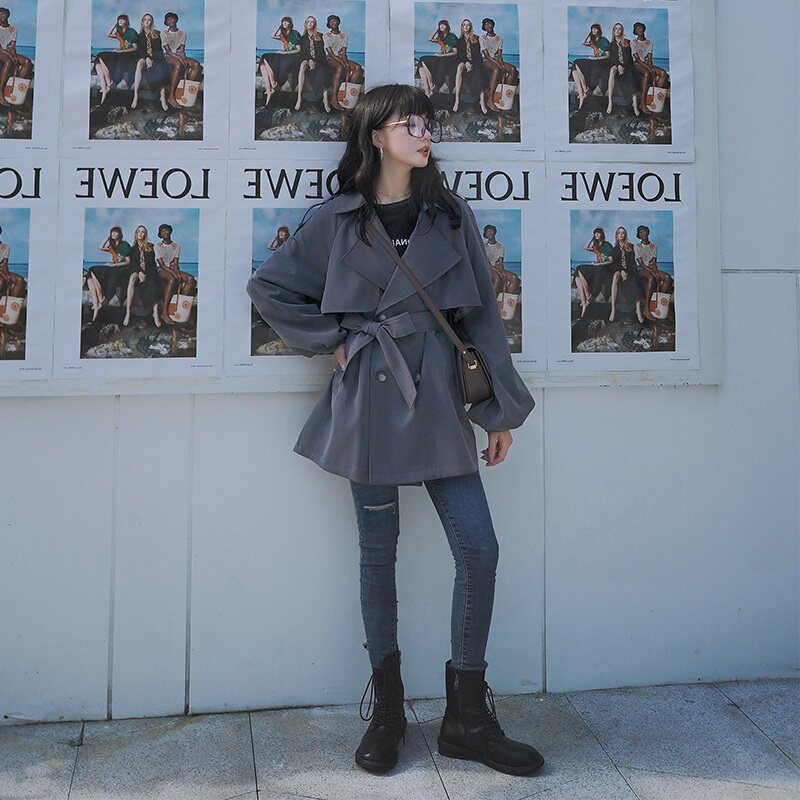 2020 new black tooling windbreaker women's short small Korean version loose waist British style chic autumn jacket