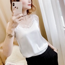 Tide brand lace V-collar vest female base shirt silk satin inside black solid color sexy outside wear summer