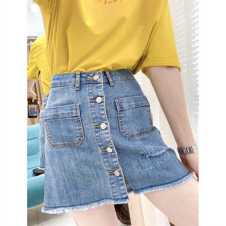Hong Kong fashion brand summer A-line skirt Hong Kong taste high waist retro front-breasted women's short skirt ins new denim skirt