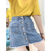 Hong Kong Tide Brand Summer A- line dress Hong Kong flavor high waist retro front-breasted womens skirt ins new denim skirt