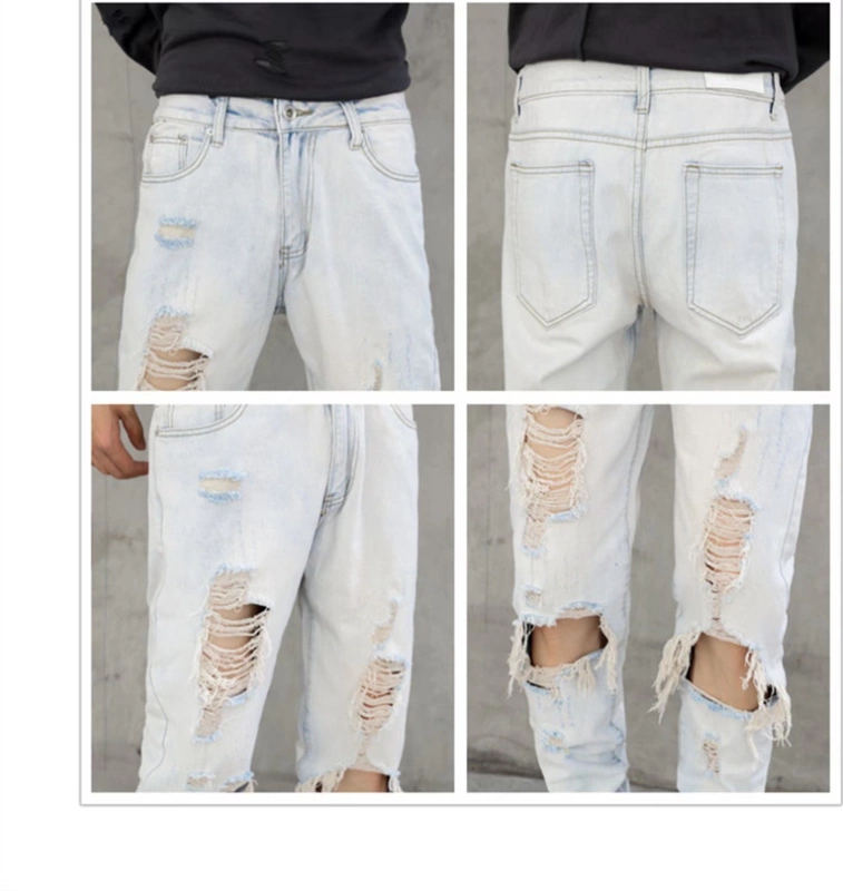 Châu Âu và Mỹ cao đường rửa sạch quần trắng rách quần jeans nam hợp thời trang thương hiệu dây kéo chia chân quần - Quần jean