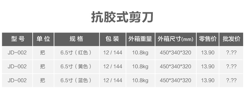 北极熊JD-002抗胶式特氟龙涂层剪刀6.5寸软柄