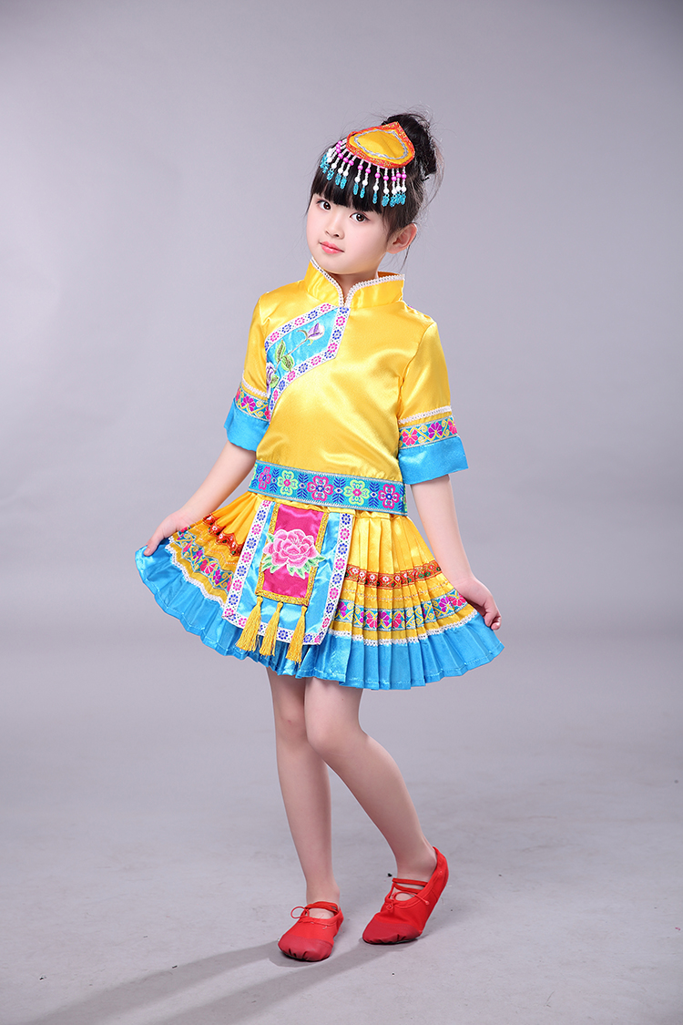 Trang phục dân tộc thiểu số trẻ em Zhuang biểu diễn múa quần áo nam nữ Miao trang phục Đại nhân dân cucurbit trang phục lụa yếm váy múa trẻ em
