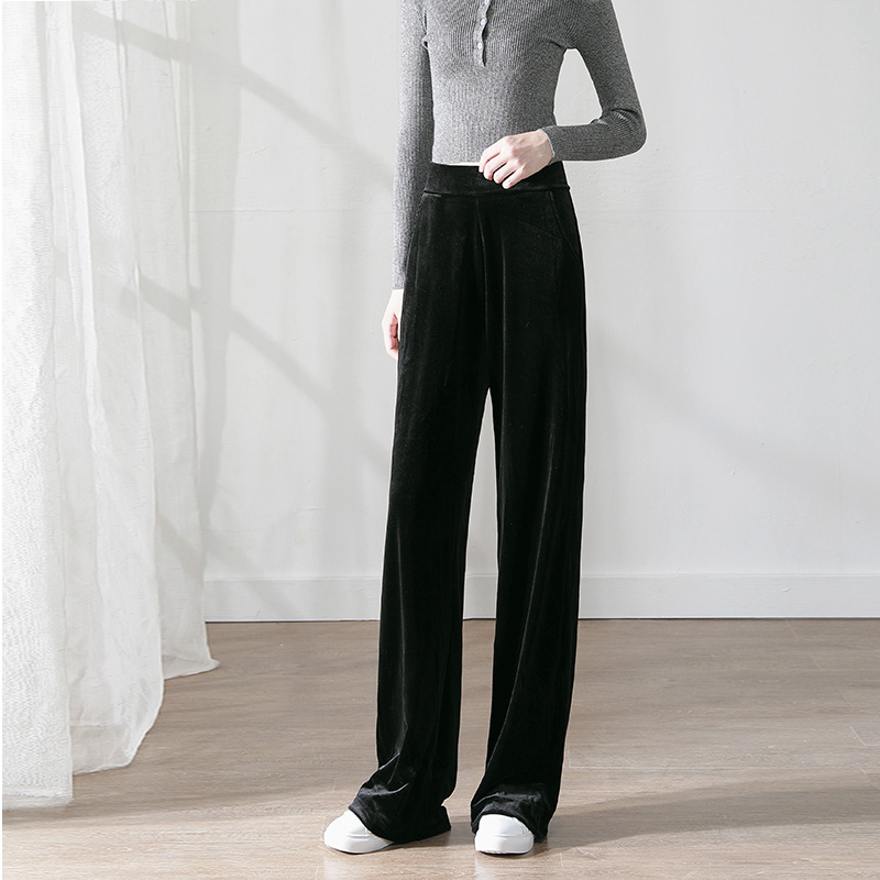 2022 spring and autumn new style drape lengthened casual loose straight tube mopping high waist black gold velvet wide leg pants women