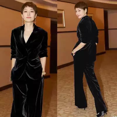 Ma Yili star with the same gold velvet suit suit female 2021 spring and autumn new temperament small suit two-piece suit