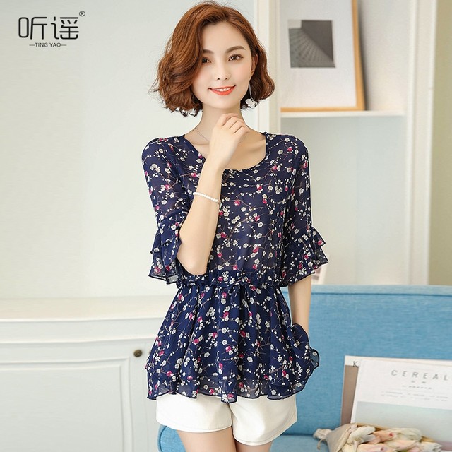 2024 Summer Women's Loose Large Size Floral Chiffon Shirt Short Sleeve Top Small Shirt A Line Large Hem Babydoll Shirt Printed T