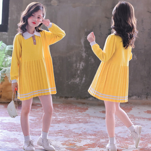 Girls spring and autumn new knitted dress Western style 2021 girls long-sleeved Korean version mid-length pleated princess skirt