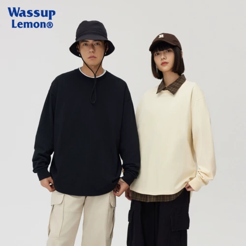 WASSUP LEMON Хлопковый белый базовый приятный телу лонгслив для влюбленных, оверсайз