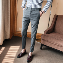 Fashion slim ankle-length pants men Korean casual pants mens striped pants business suit pants 9 points small feet mens pants
