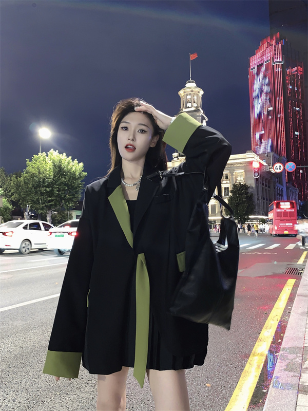 Plus-Size Fat Girl mm Autumn New Sweet and Cool Design Color-Blocking Ribbon Long-Sleeve Blazer Women's Loose Top Plus-Size Fat Girl mm Autumn New Sweet and Cool Design Color-Blocking Ribbon Long-Sleeve Blazer Women's Loose Top