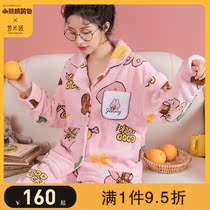 Joint pajamas womens autumn and winter coral velvet thickened velvet cute cartoon flannel can be worn outside home clothes