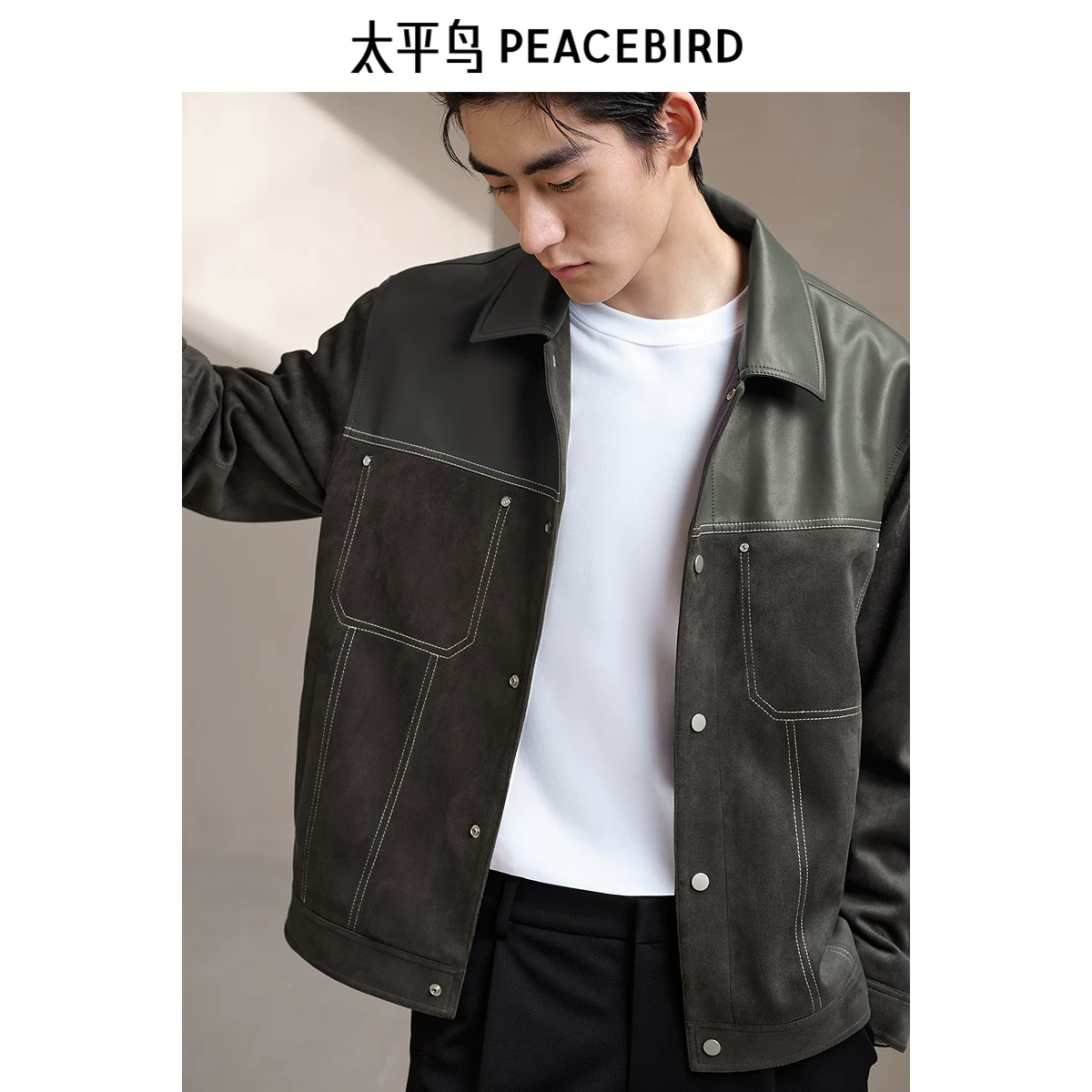 PEACEBIRD Мужская куртка из искусственной замши с вставками, куртка на PU кожу, декоративная строчка, лацкановая куртка, тренд