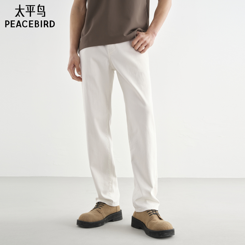 [Anti-See-Through] Peacebird Men's Jeans Summer Style Long Pants Washed Colorful Straight-Leg Versatile White Jeans