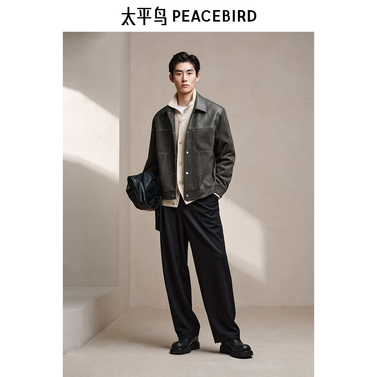 PEACEBIRD Мужская куртка из искусственной замши с вставками, куртка на PU кожу, декоративная строчка, лацкановая куртка, тренд