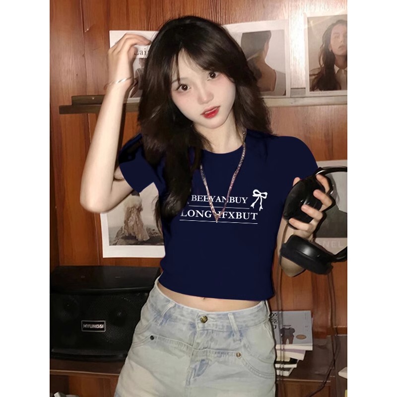 American-Style Navy Blue Short-Sleeved T-Shirt for Women, New Summer Style with Slogan Print, Slim-Fit Crop Top for Hot Girls
