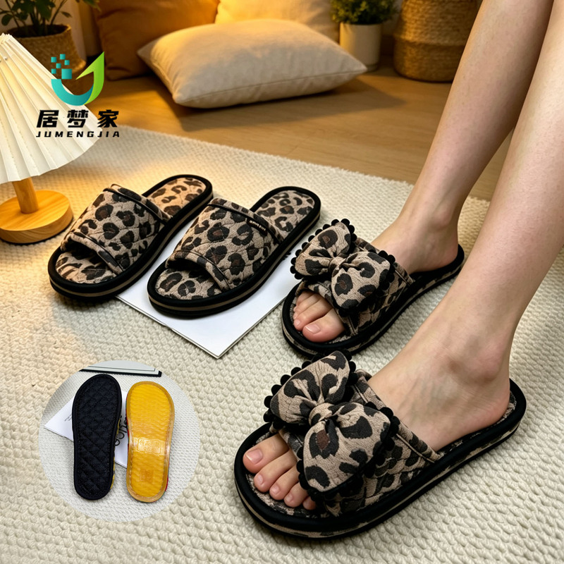 Jumeng Home Leopard Print Bowknot Fabric Slippers for Men and Women Indoor Couple Silent Non-Slip Soft Sole All-Season Floor Slippers Jumeng Home Leopard Print Bowknot Fabric Slippers for Men and Women Indoor Couple Silent Non-Slip Soft Sole All-Season Floor Slippers