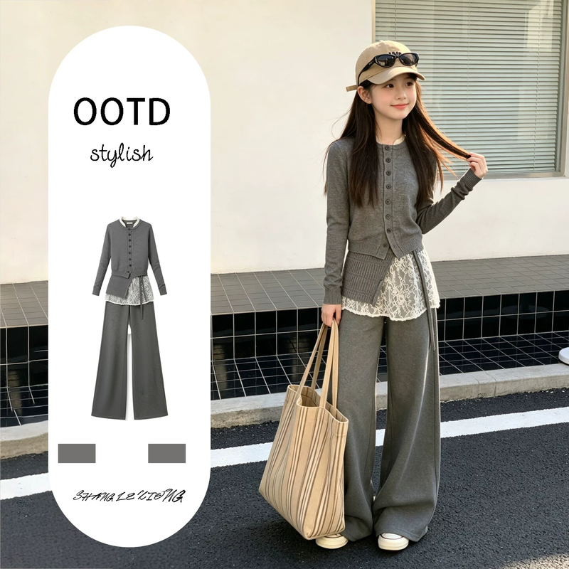 Girls' Autumn and Winter Korean Style Outfit Set 2026 New Fashionable Cardigan Sweater and Pants Two-Piece Set for Older Children Girls' Autumn and Winter Korean Style Outfit Set 2026 New Fashionable Cardigan Sweater and Pants Two-Piece Set for Older Children