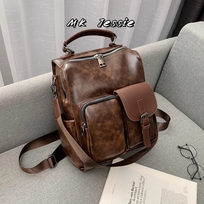 American Genuine Mk Jessie Genuine Leather Backpack for Women, Retro Hong Kong Style Travel Backpack, Korean Fashion Shoulder Bag