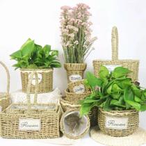 Hand-woven flower pot straw woven bamboo rattan flower basket flower arrangement portable small flower blue hanging basket balcony green plant