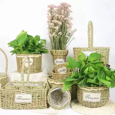Hand-woven flower pot straw woven bamboo rattan flower basket flower arrangement portable small flower basket hanging basket balcony Golden Ge green plant